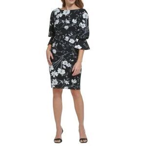 New Calvin Klein Floral Bell Cuff Sheath Dress In Black/Cream Size 8